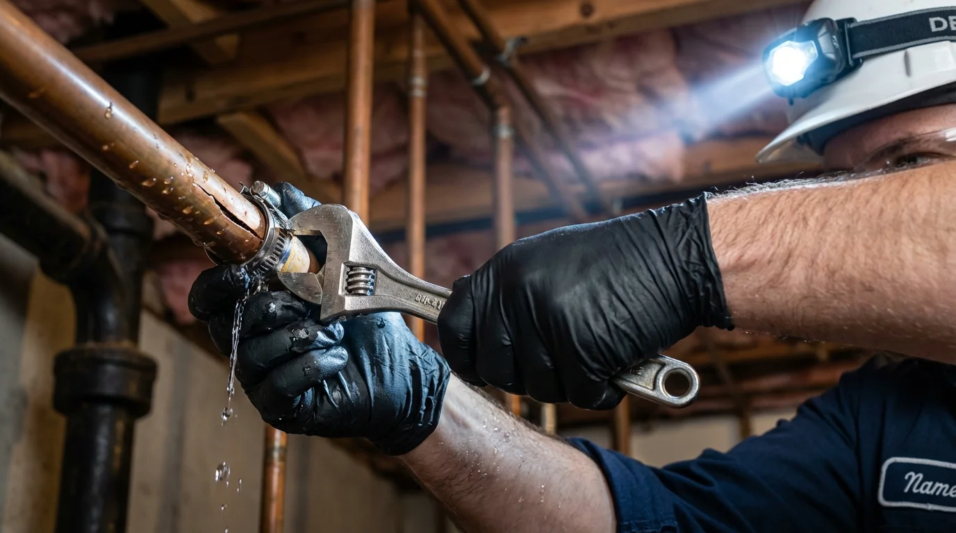 Emergency pipe clamp repair being performed by a Johns Plumbing LLC plumber in Apopka